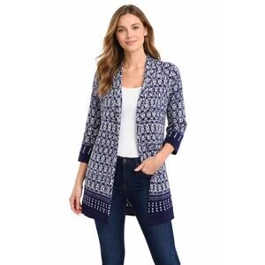 Roz Ali Open Front Cardigan Womens Medium Blue White Knit Long